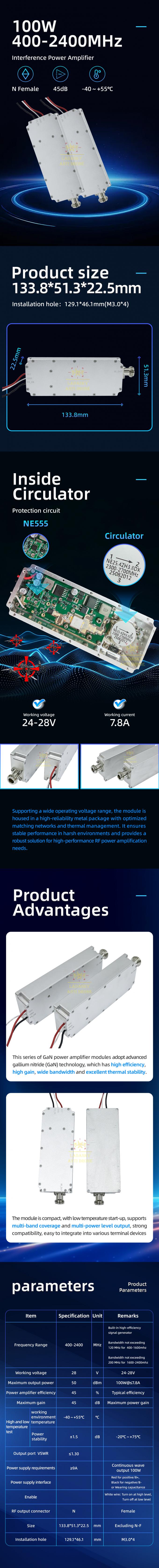 400–2400MHz 100W GaN RF Power Amplifier